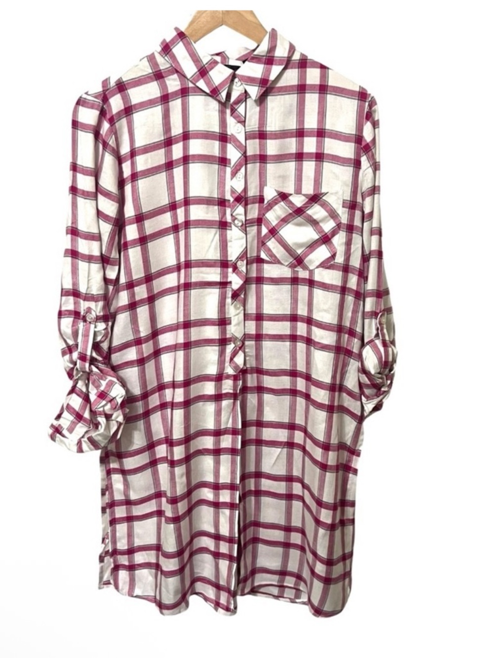 Pink White Plaid Button Front Long Shirt